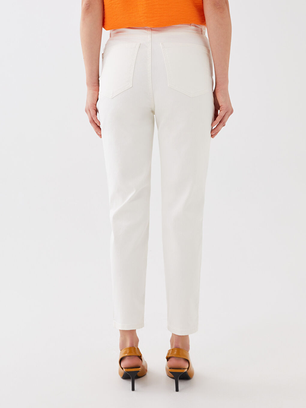 Ekru Beli Lastikli Paperbag Kadın Jean Pantolon-4