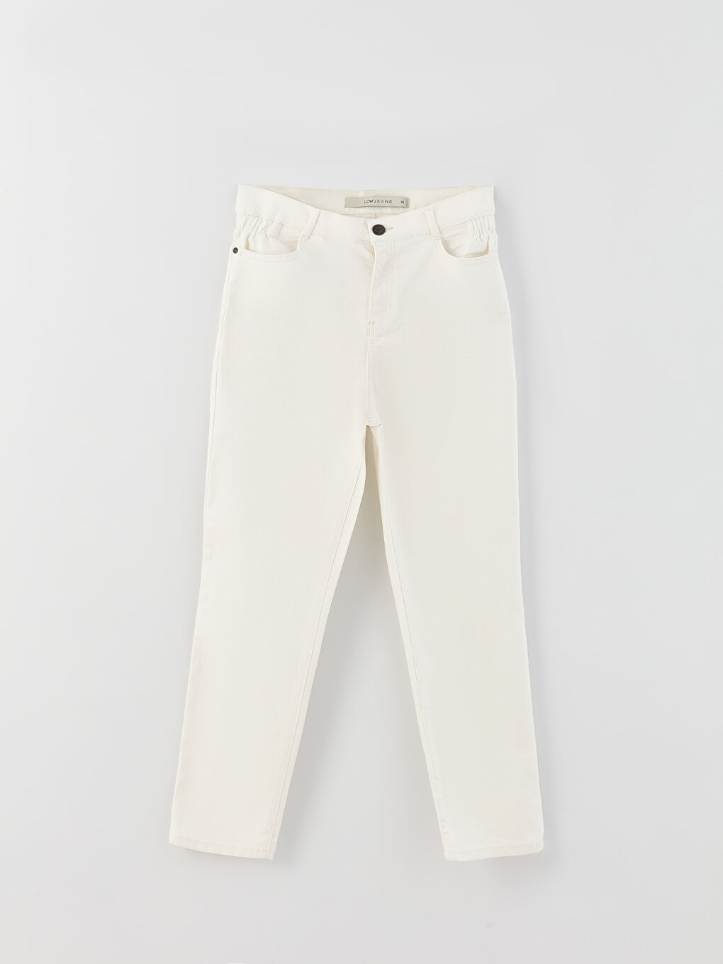 Ekru Beli Lastikli Paperbag Kadın Jean Pantolon-5