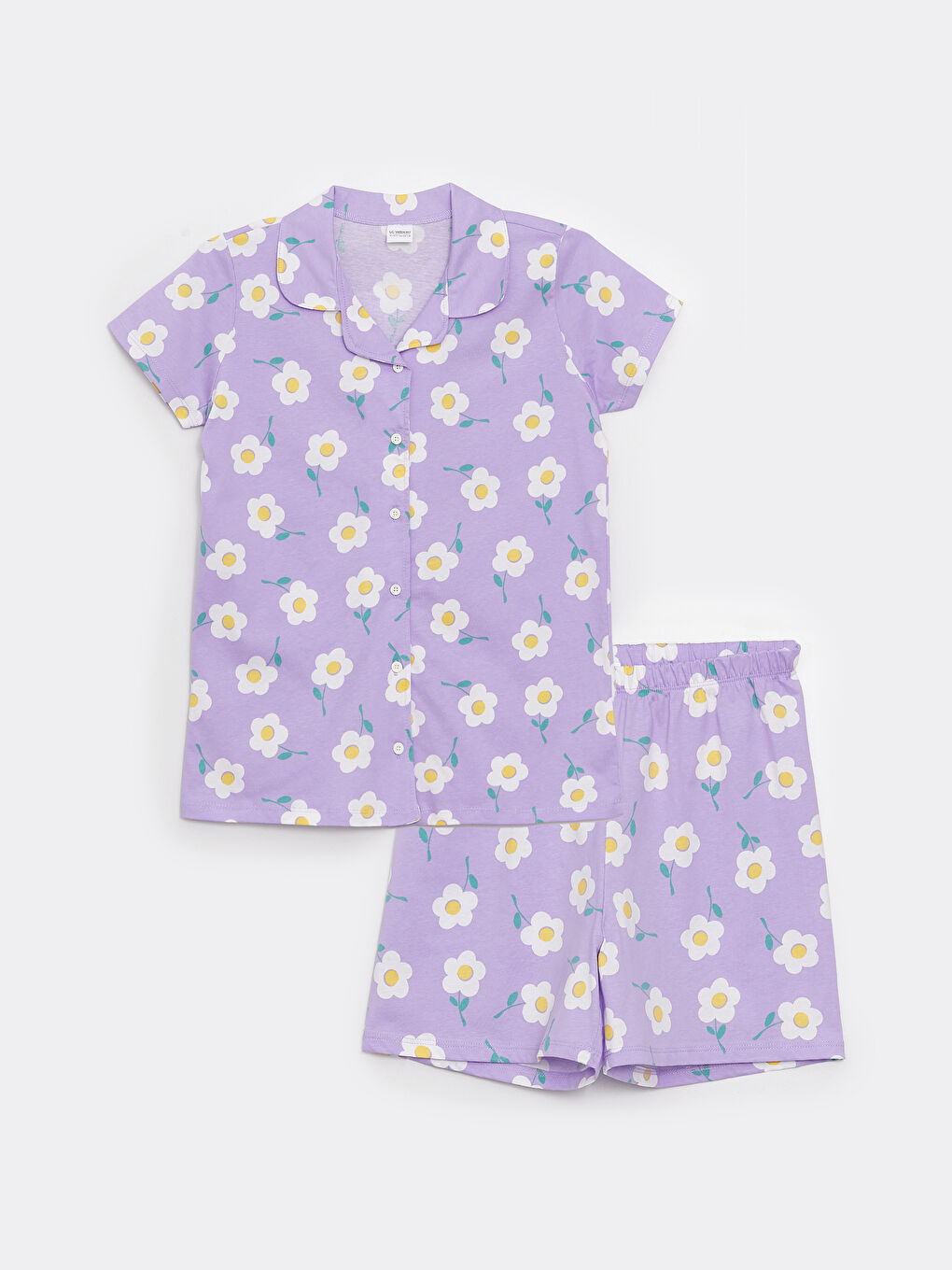 طقم بيجامة قصيرة بشورت بياقة قميص منقوش كم قصير للبنات