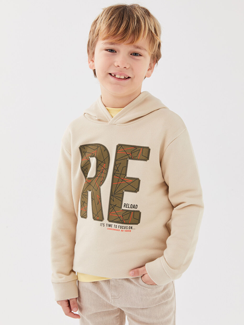 Bej Kapüşonlu Baskılı Uzun Kollu Erkek Çocuk Sweatshirt-2