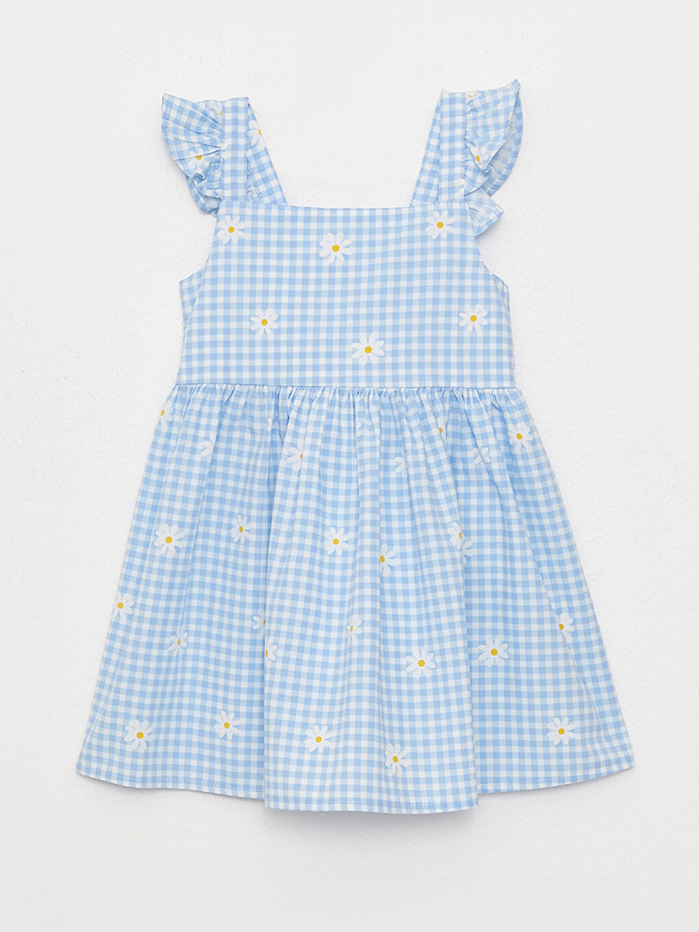Mavi Askılı Kare Yaka Baskılı Kız Bebek Elbise