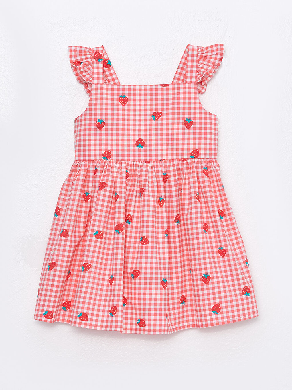 Kırmızı Askılı Kare Yaka Baskılı Kız Bebek Elbise-4
