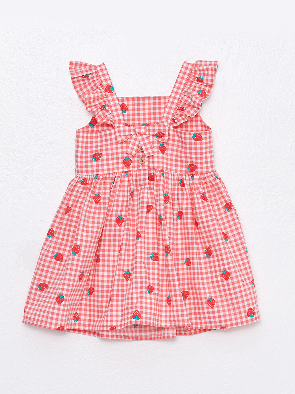 Kırmızı Askılı Kare Yaka Baskılı Kız Bebek Elbise-5