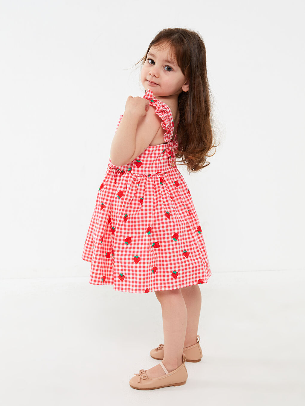 Kırmızı Askılı Kare Yaka Baskılı Kız Bebek Elbise-1