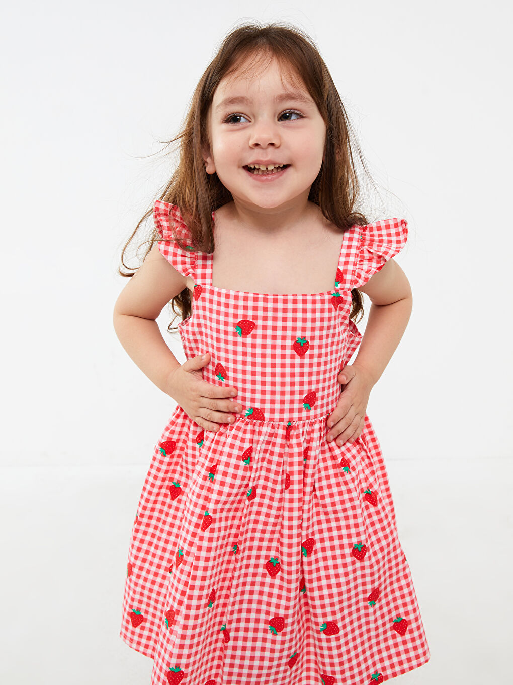 Kırmızı Askılı Kare Yaka Baskılı Kız Bebek Elbise-2
