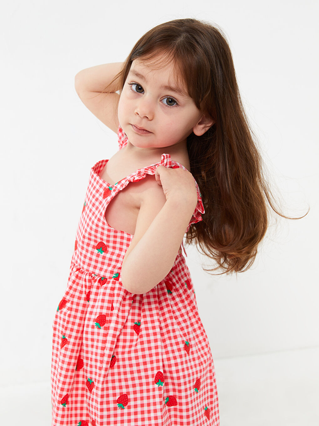 Kırmızı Askılı Kare Yaka Baskılı Kız Bebek Elbise-3