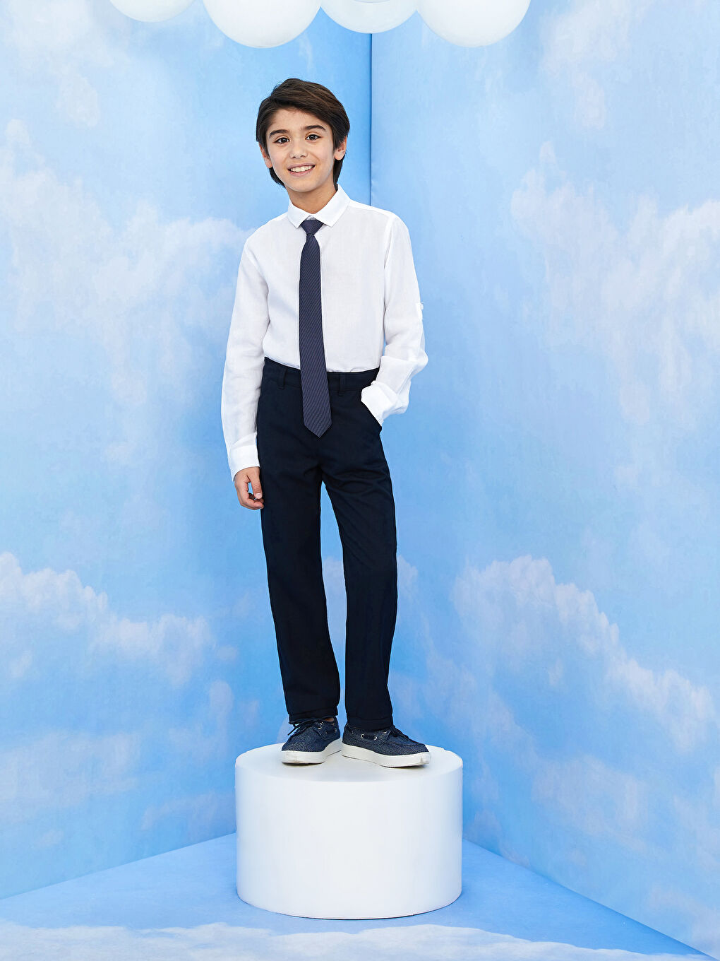 قميص أولاد كم طويل سادة مع كرافتة-1