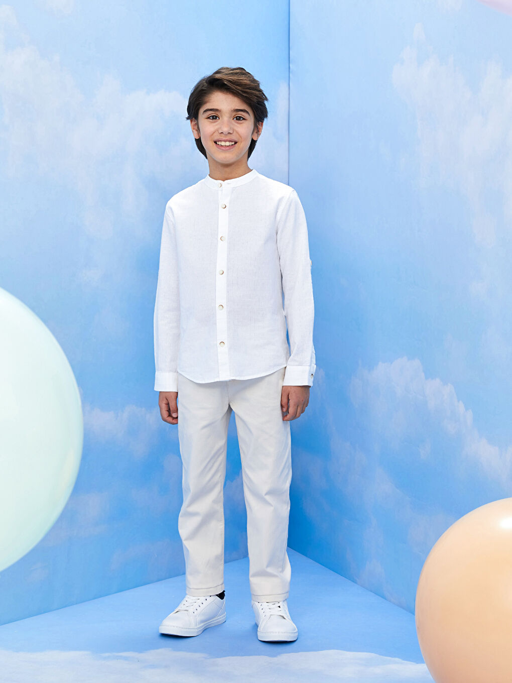 Beyaz Hakim Yaka Basic Uzun Kollu Poplin Erkek Çocuk Gömlek-1