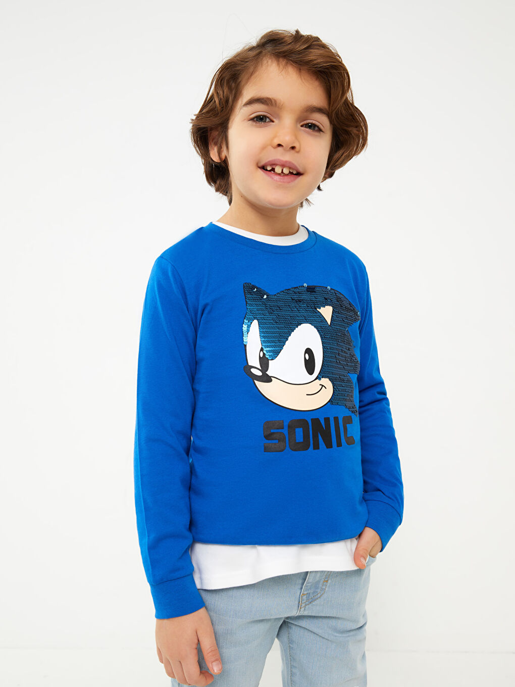 Crew Neck Sonic Printed Reversible Sequined Long Sleeve Boys' T-Shirt -S34999Z4-HGU