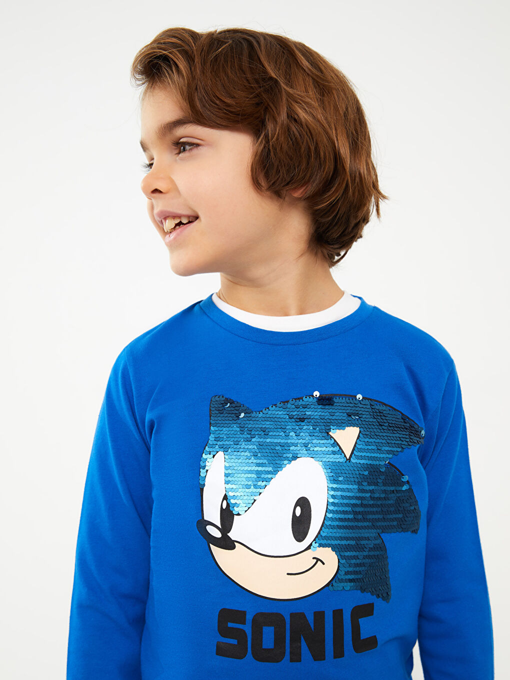 Crew Neck Sonic Printed Reversible Sequined Long Sleeve Boys' T-Shirt -S34999Z4-HGU