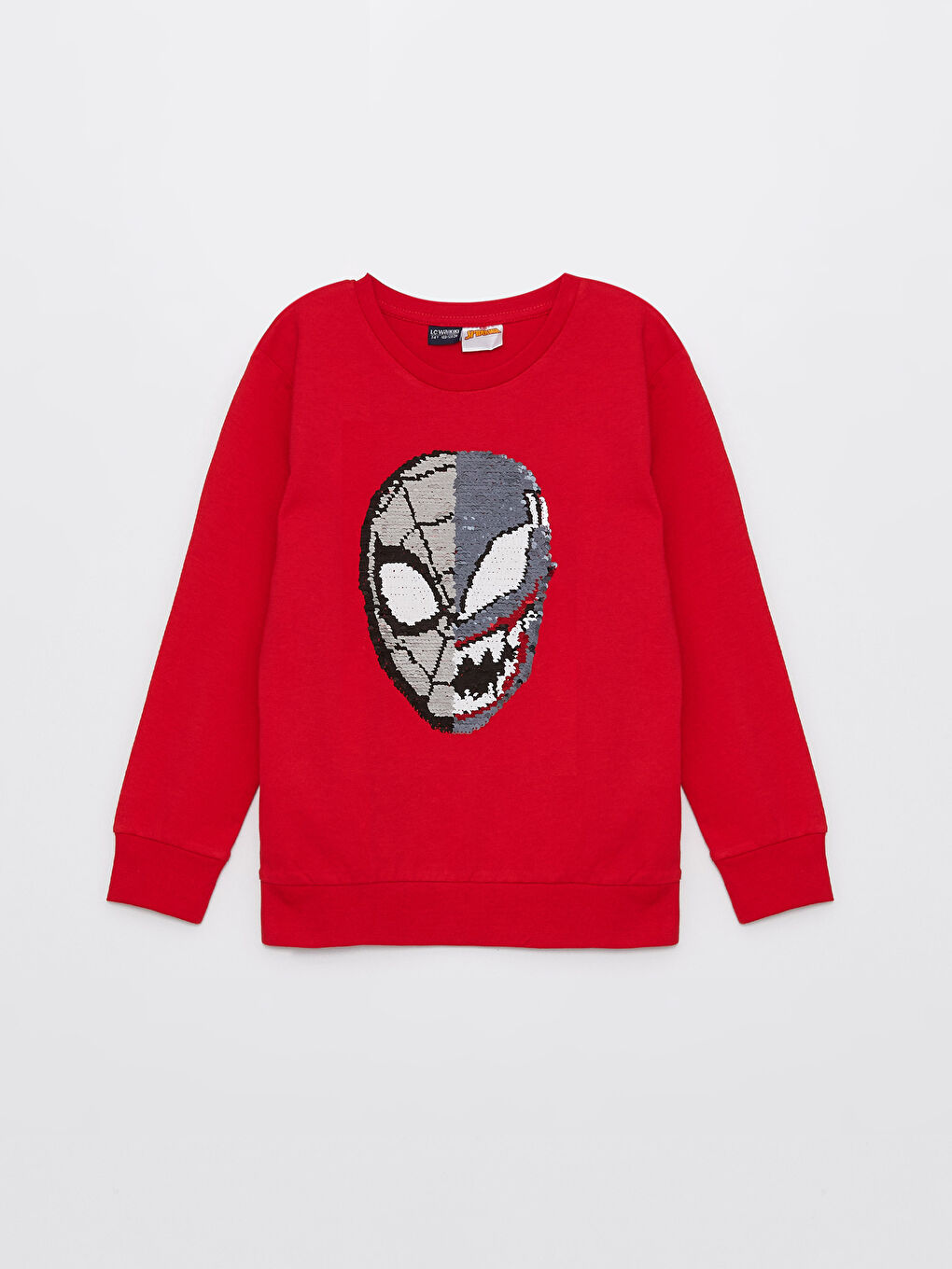 Kırmızı Bisiklet Yaka Spider-Man Baskılı Çift Yönlü Payetli Uzun Kollu Erkek Çocuk Tişört-1