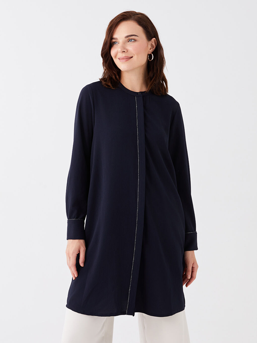 Lacivert Hakim Yaka Düz Uzun Kollu Kadın Tunik