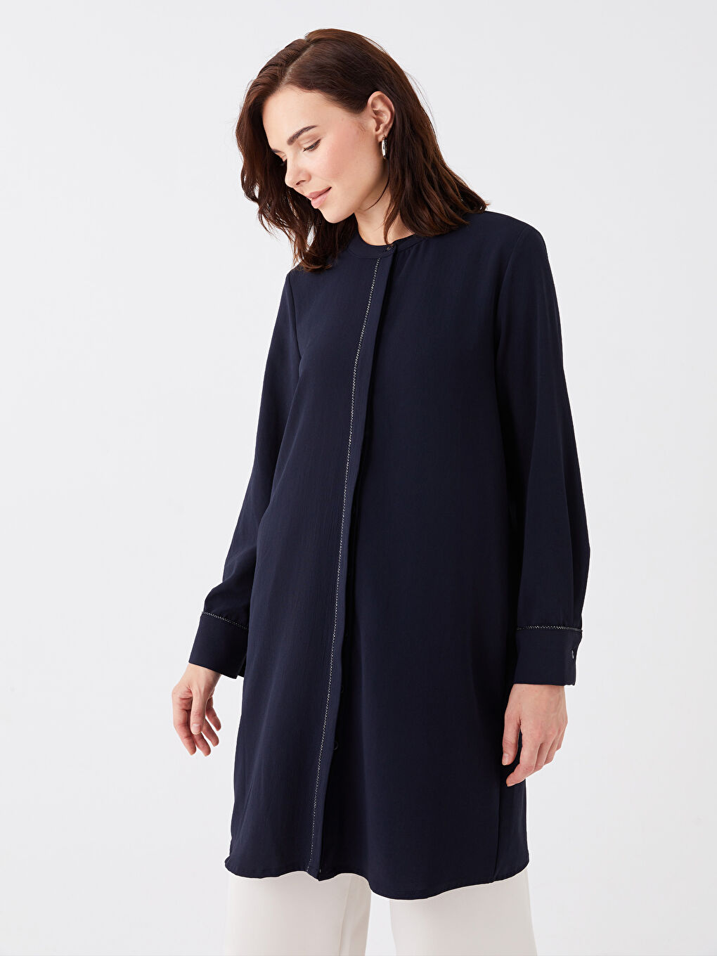 Lacivert Hakim Yaka Düz Uzun Kollu Kadın Tunik-1