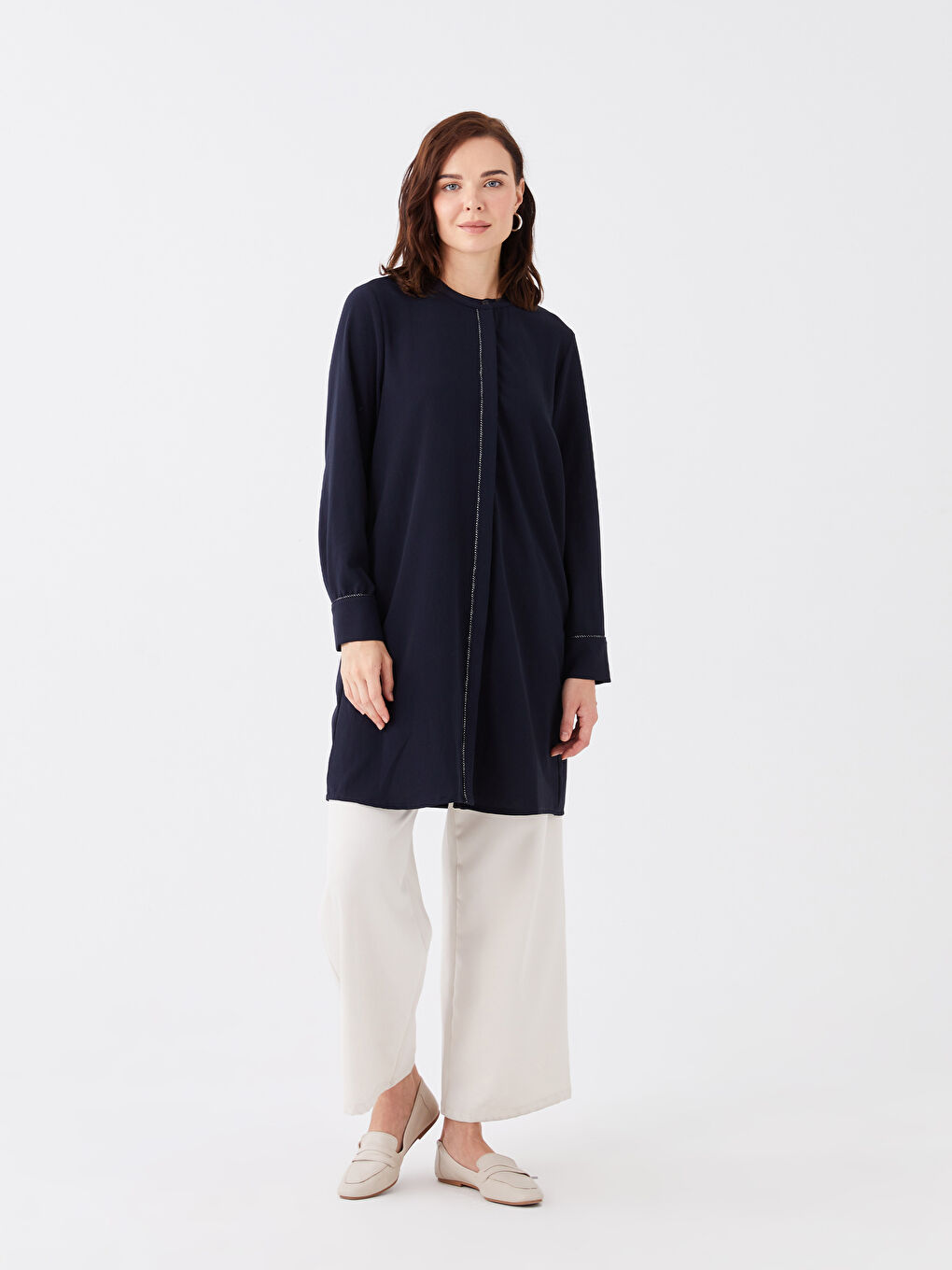 Lacivert Hakim Yaka Düz Uzun Kollu Kadın Tunik-2