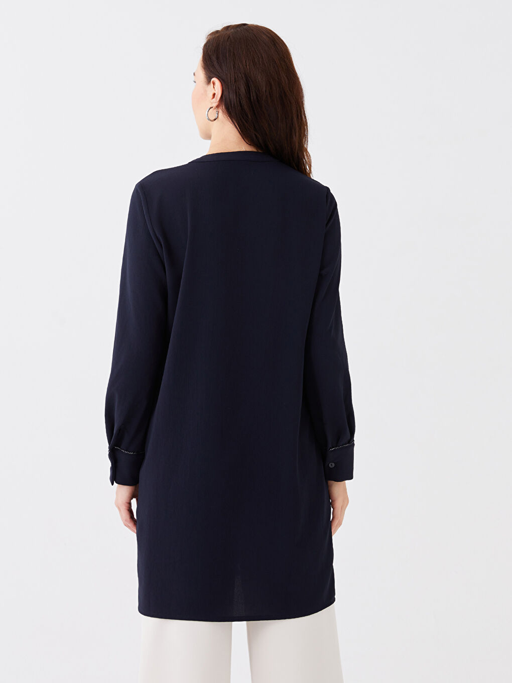 Lacivert Hakim Yaka Düz Uzun Kollu Kadın Tunik-4