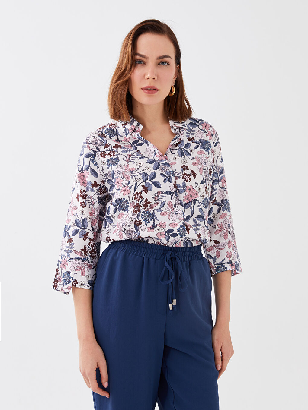 Pembe Desenli Kadın Armürlü Gömlek-1