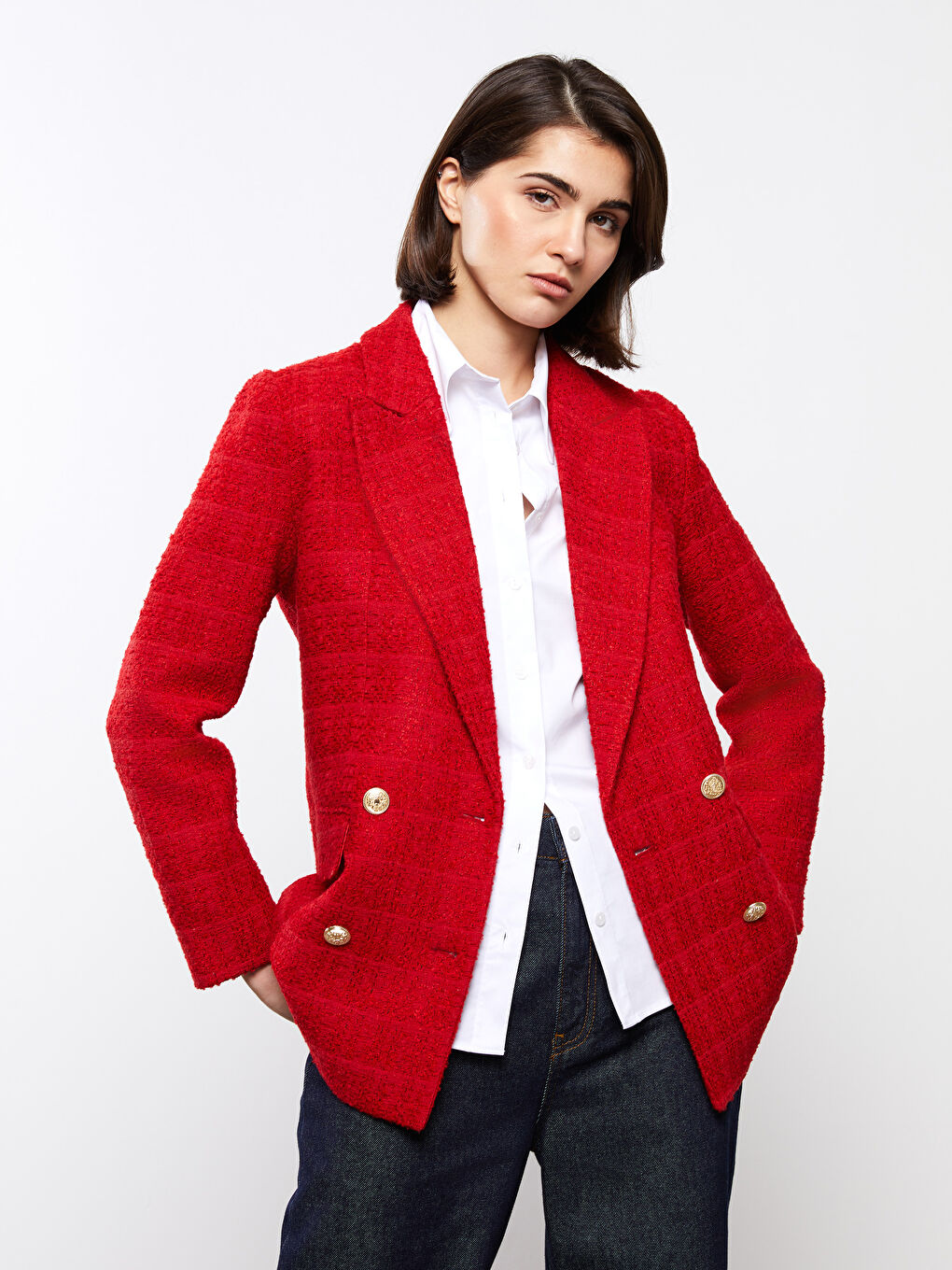 Sacou Jachetă Tweed cu Model Mânecă Lungă pentru Femei