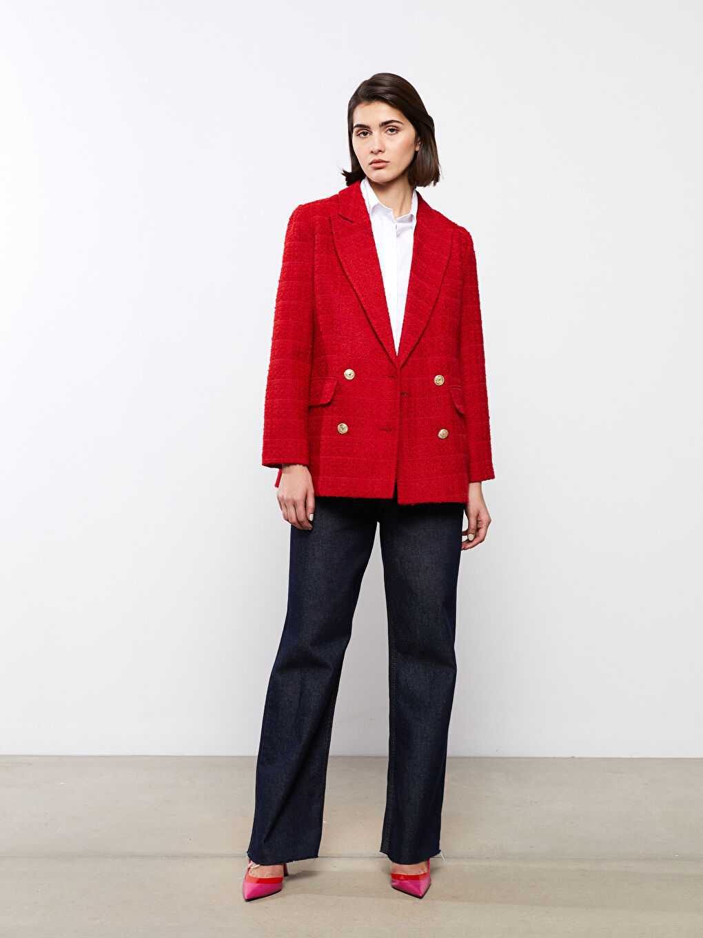 Sacou Jachetă Tweed cu Model Mânecă Lungă pentru Femei-1