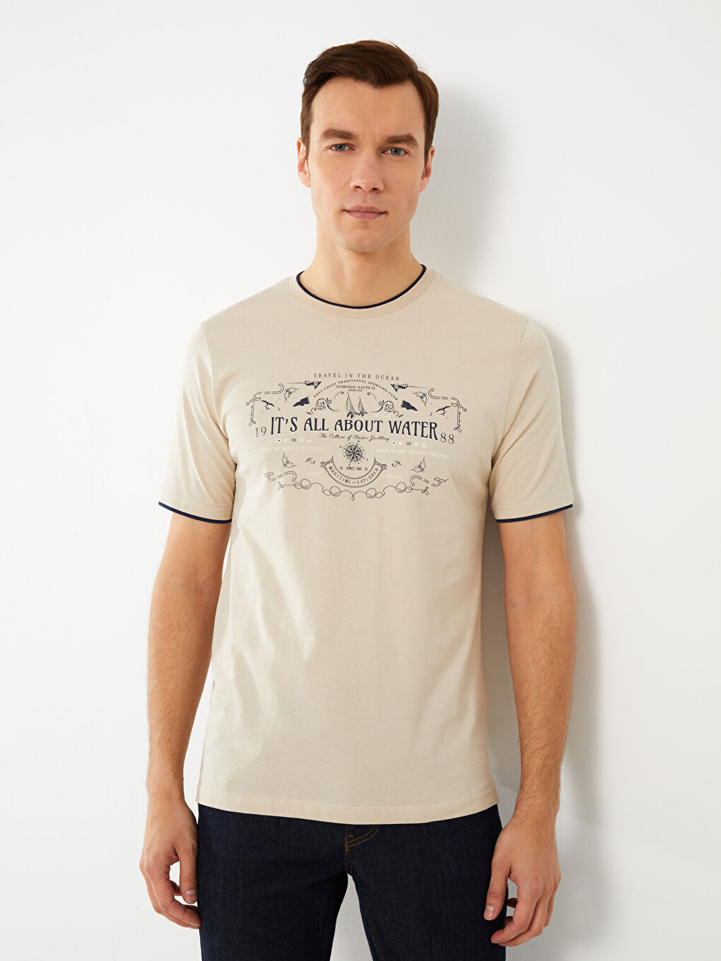 Tricou pentru Bărbați cu Guler Rotund, Mânecă Scurtă, Imprimat, din Bumbac Pieptănat