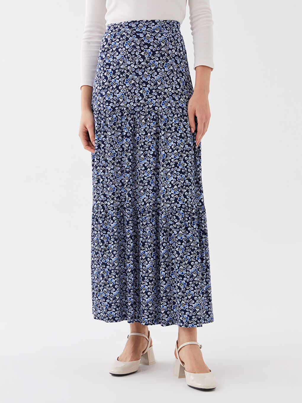 İndigo Beli Lastikli Çiçekli Kadın Kloş Etek-3