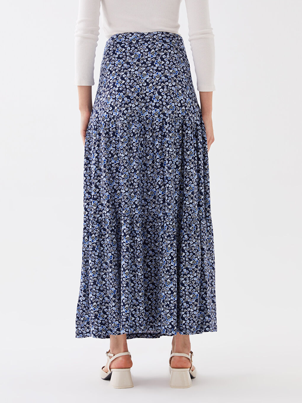 İndigo Beli Lastikli Çiçekli Kadın Kloş Etek-4