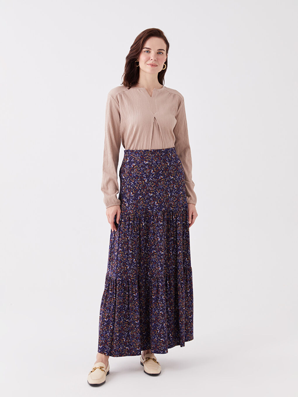 Lacivert Beli Lastikli Çiçekli Kadın Kloş Etek