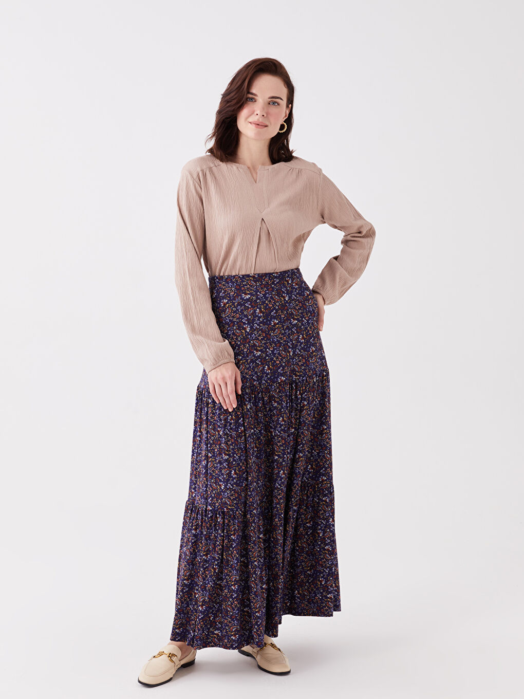 Lacivert Beli Lastikli Çiçekli Kadın Kloş Etek-1