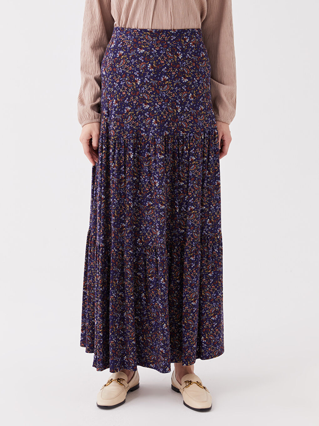 Lacivert Beli Lastikli Çiçekli Kadın Kloş Etek-2