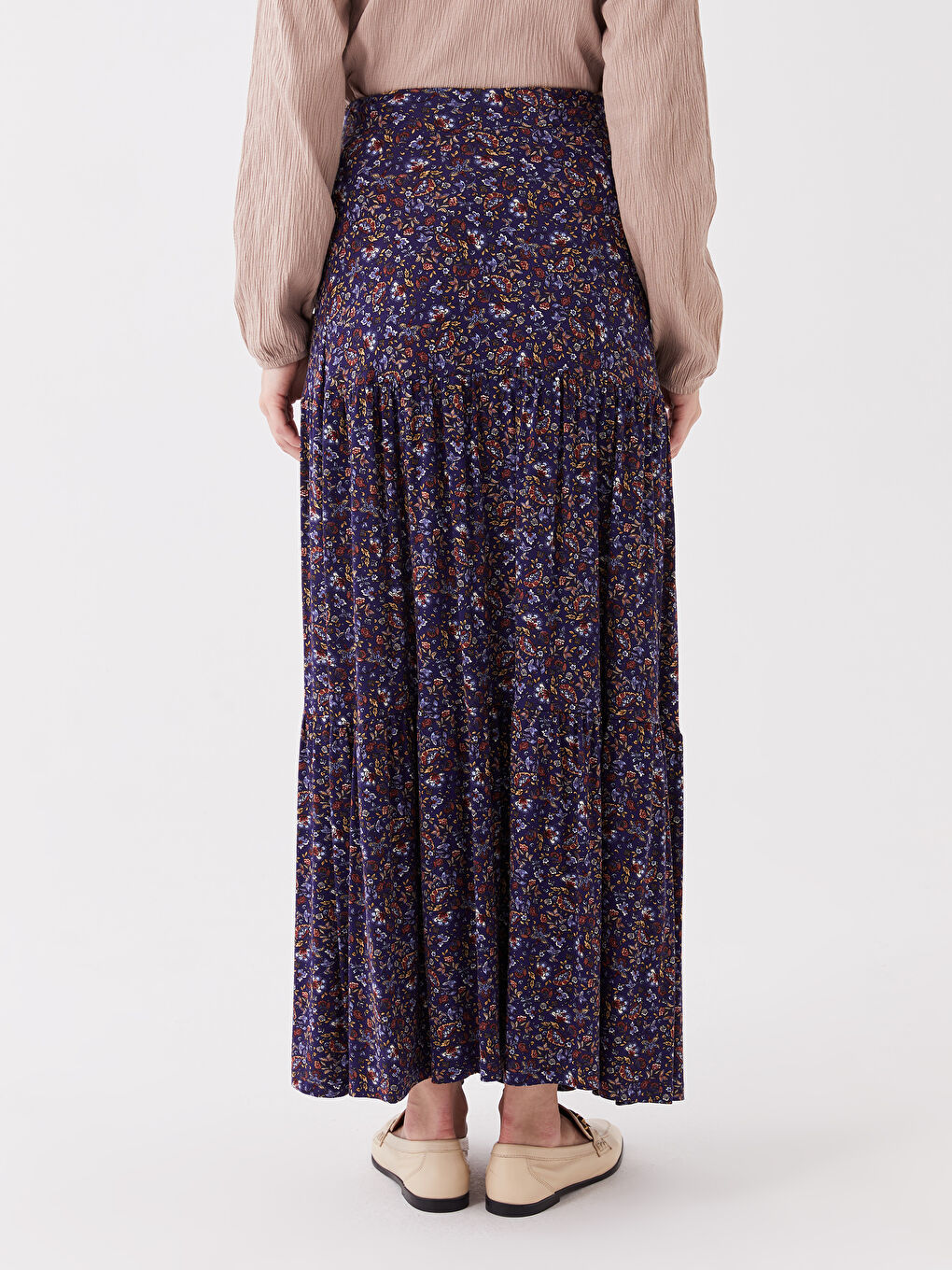 Lacivert Beli Lastikli Çiçekli Kadın Kloş Etek-3