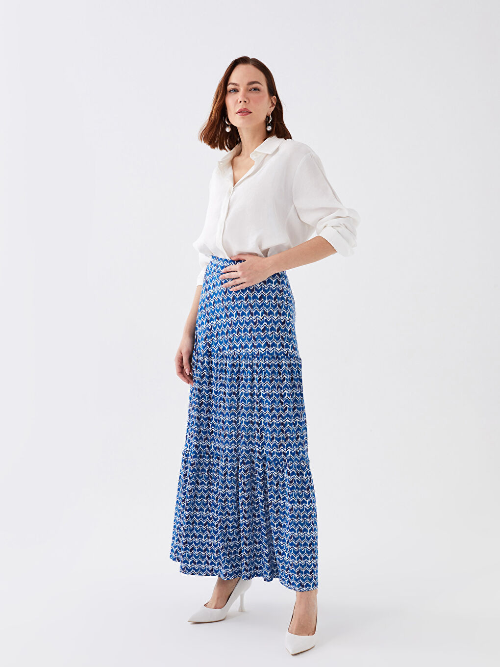 Lacivert Beli Lastikli Çiçekli Kadın Kloş Etek