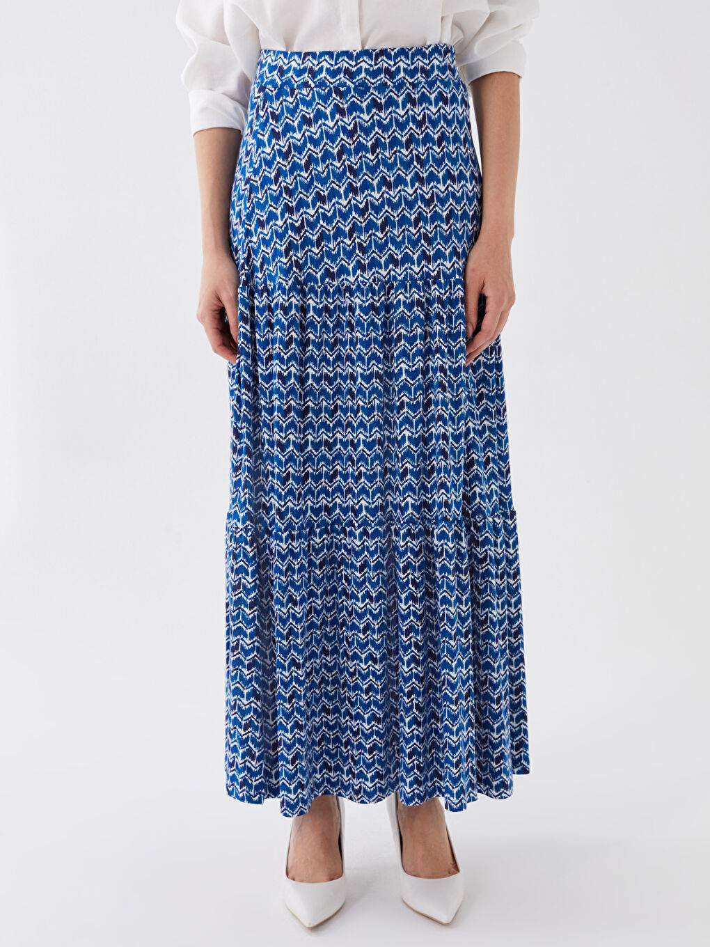 Lacivert Beli Lastikli Çiçekli Kadın Kloş Etek-3