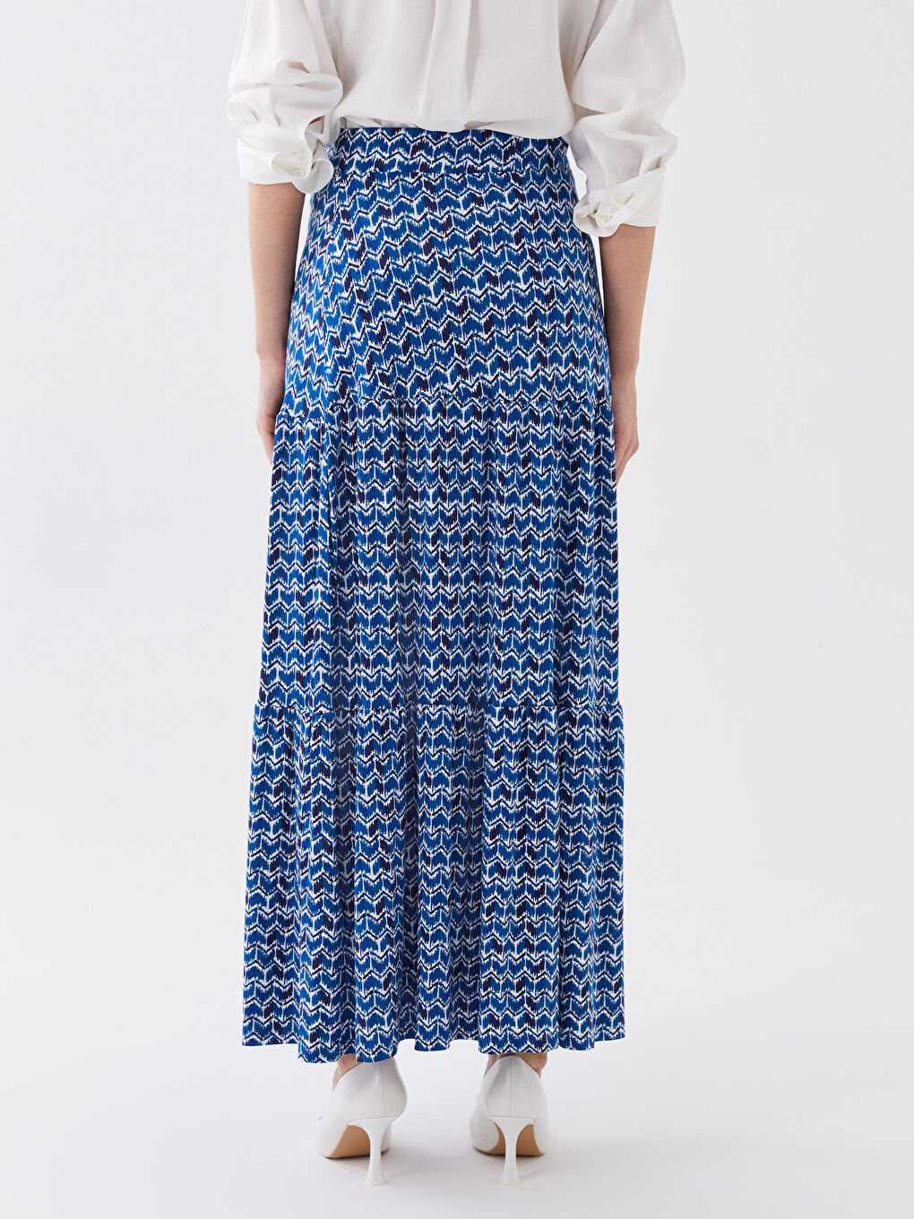 Lacivert Beli Lastikli Çiçekli Kadın Kloş Etek-4