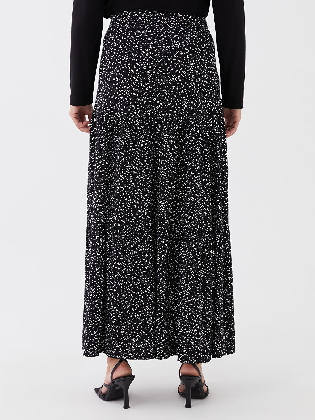 Siyah Beli Lastikli Desenli Kadın Kloş Etek-3