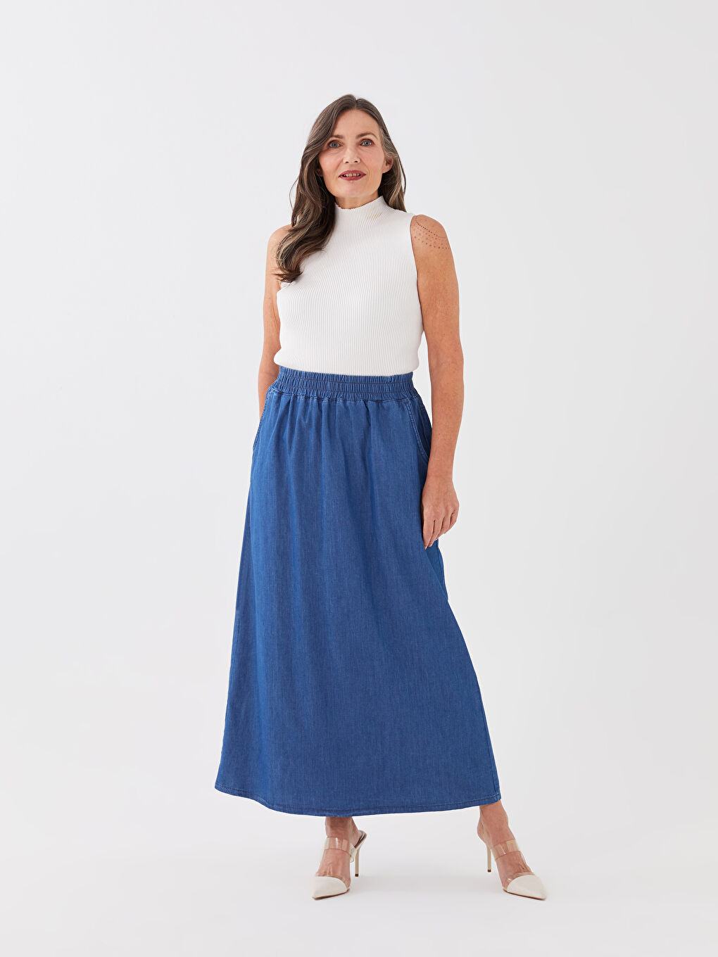 Mavi Beli Lastikli A Kesim Kadın Jean Etek-1