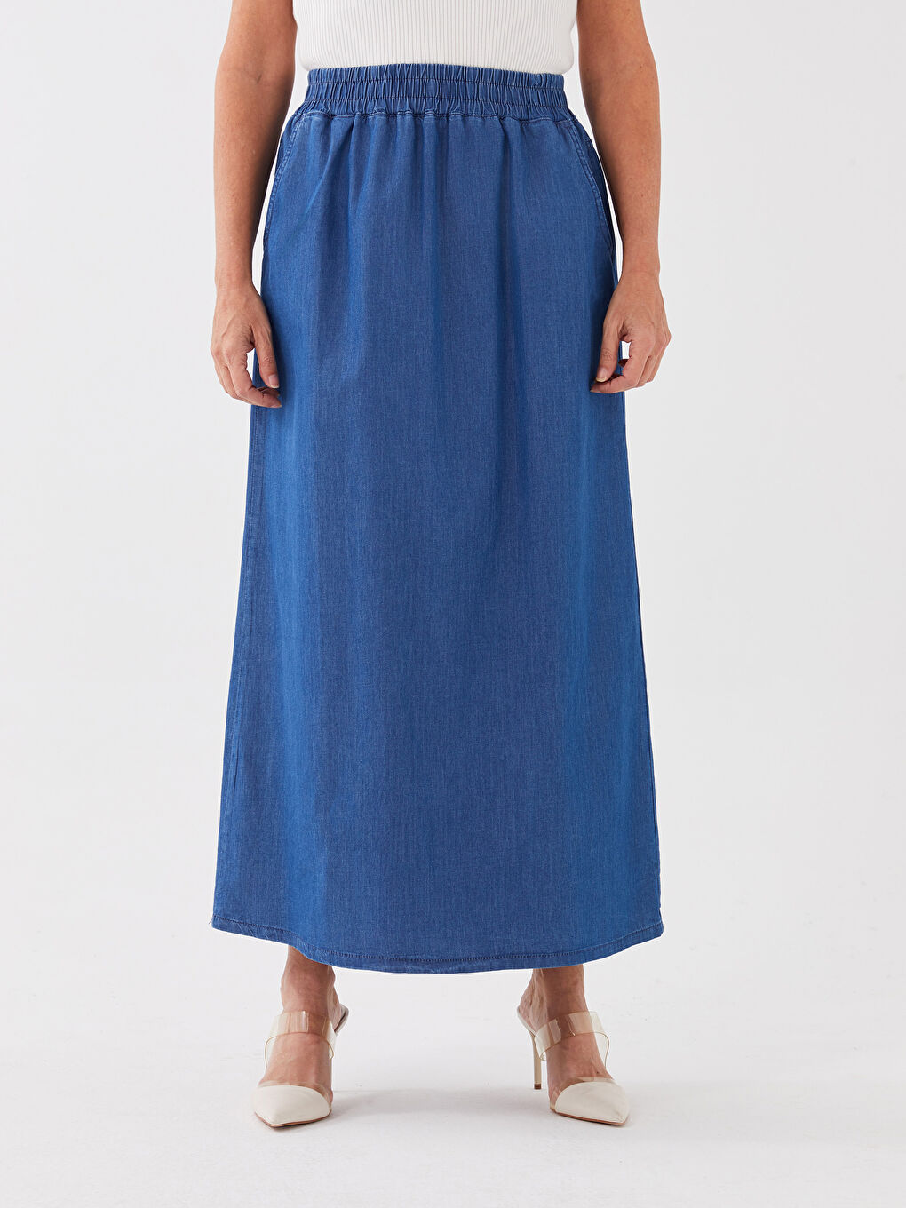 Mavi Beli Lastikli A Kesim Kadın Jean Etek-3