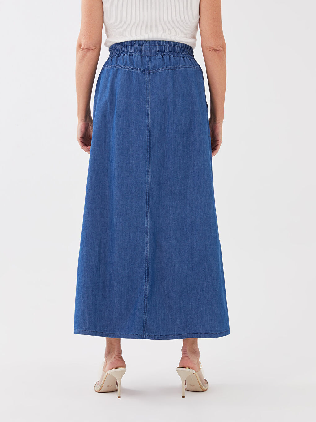 Mavi Beli Lastikli A Kesim Kadın Jean Etek-4