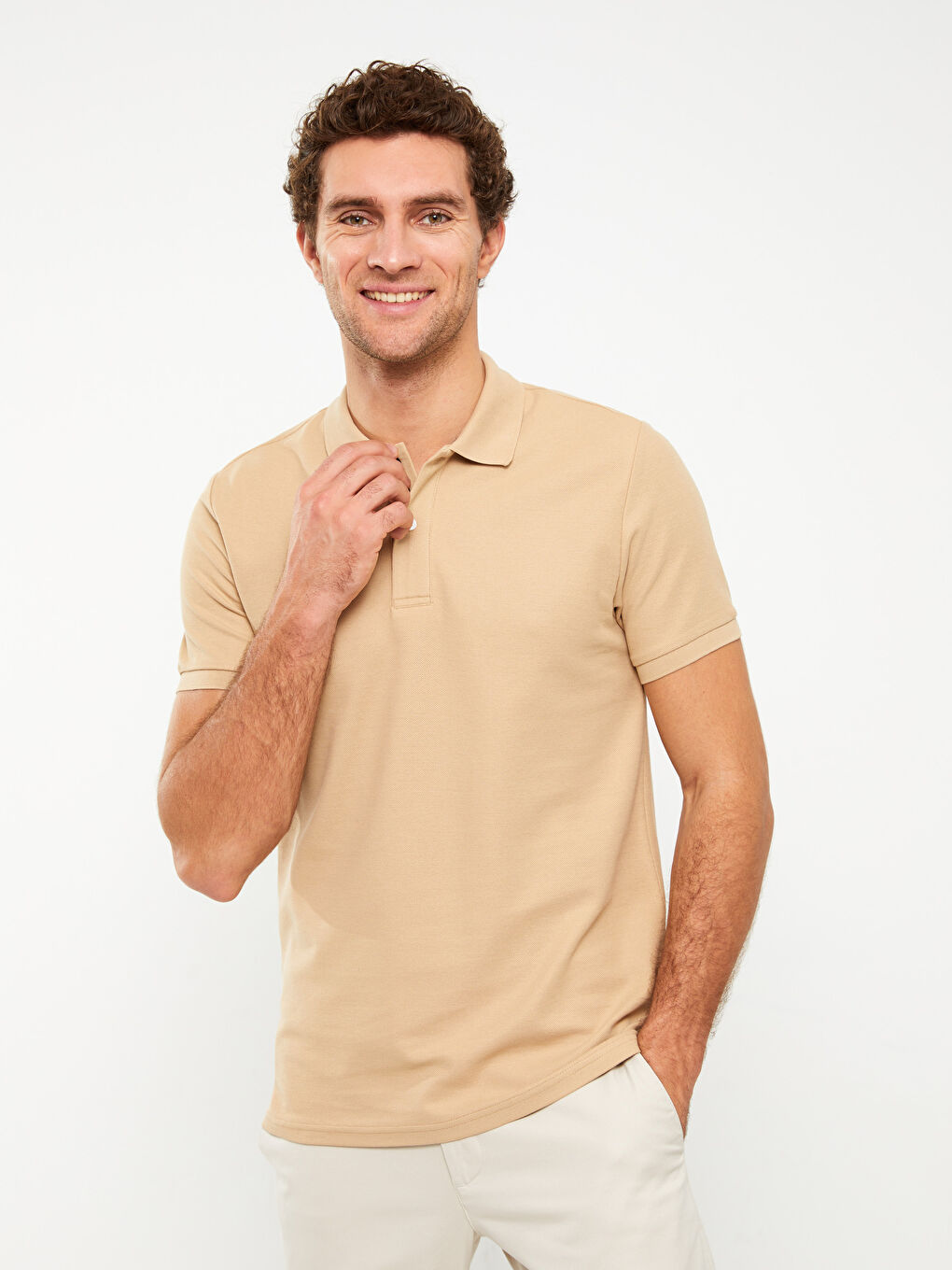 Bej Polo Yaka Kısa Kollu Erkek Tişört