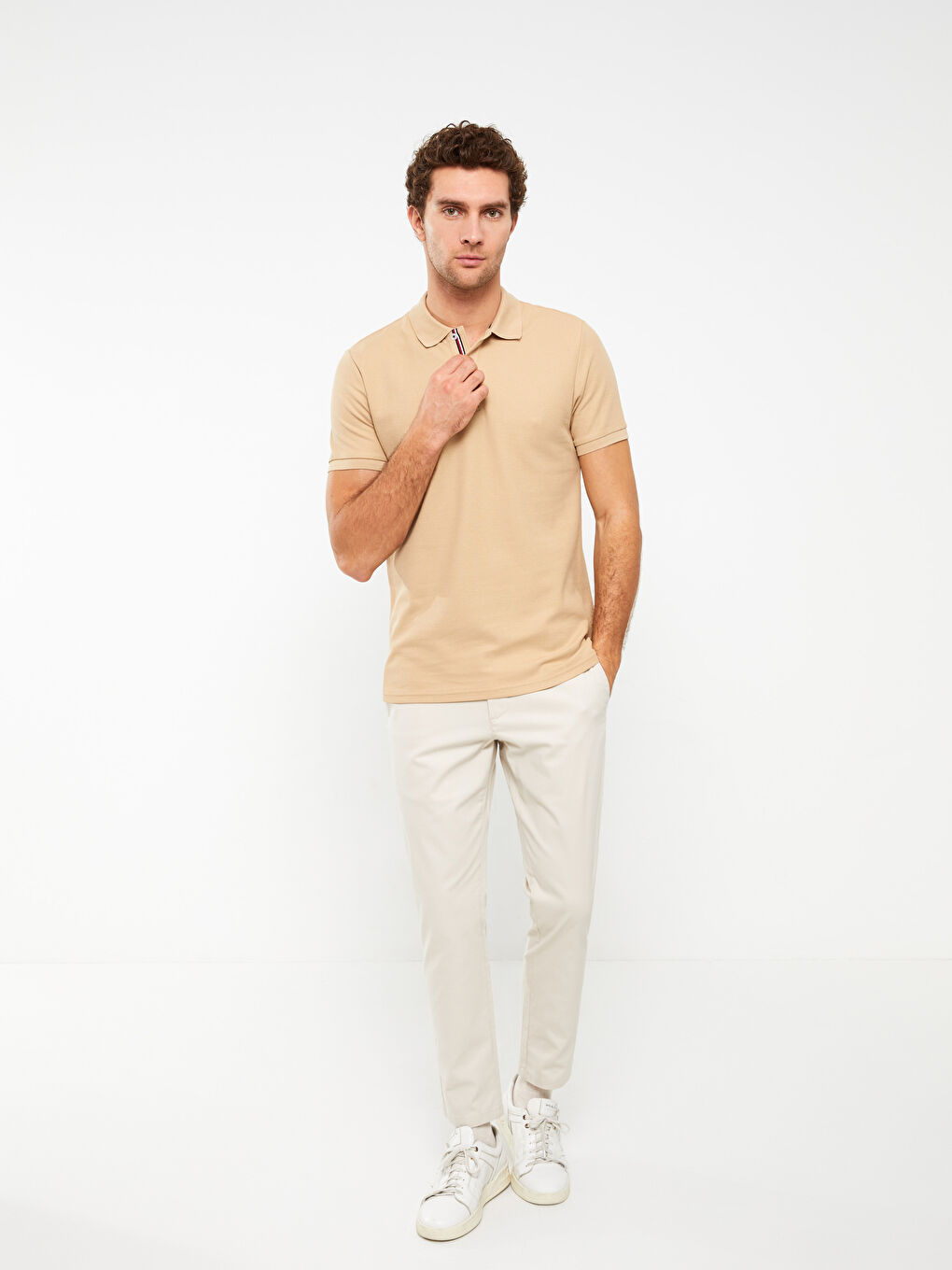Bej Polo Yaka Kısa Kollu Erkek Tişört-2
