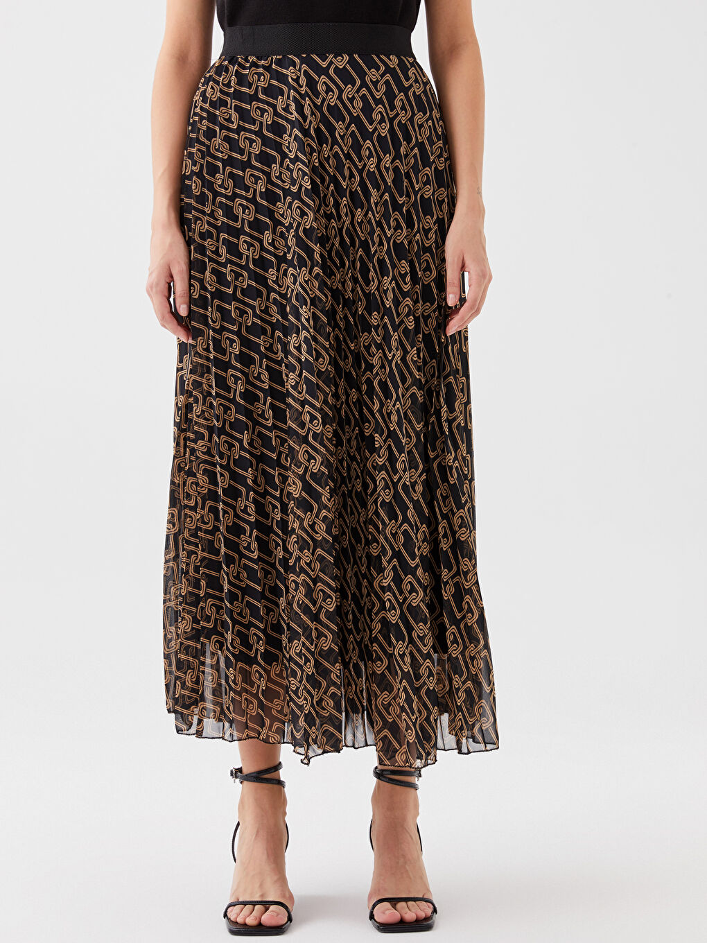 Kahverengi Beli Lastikli Desenli Şifon Kadın Pileli Etek-2