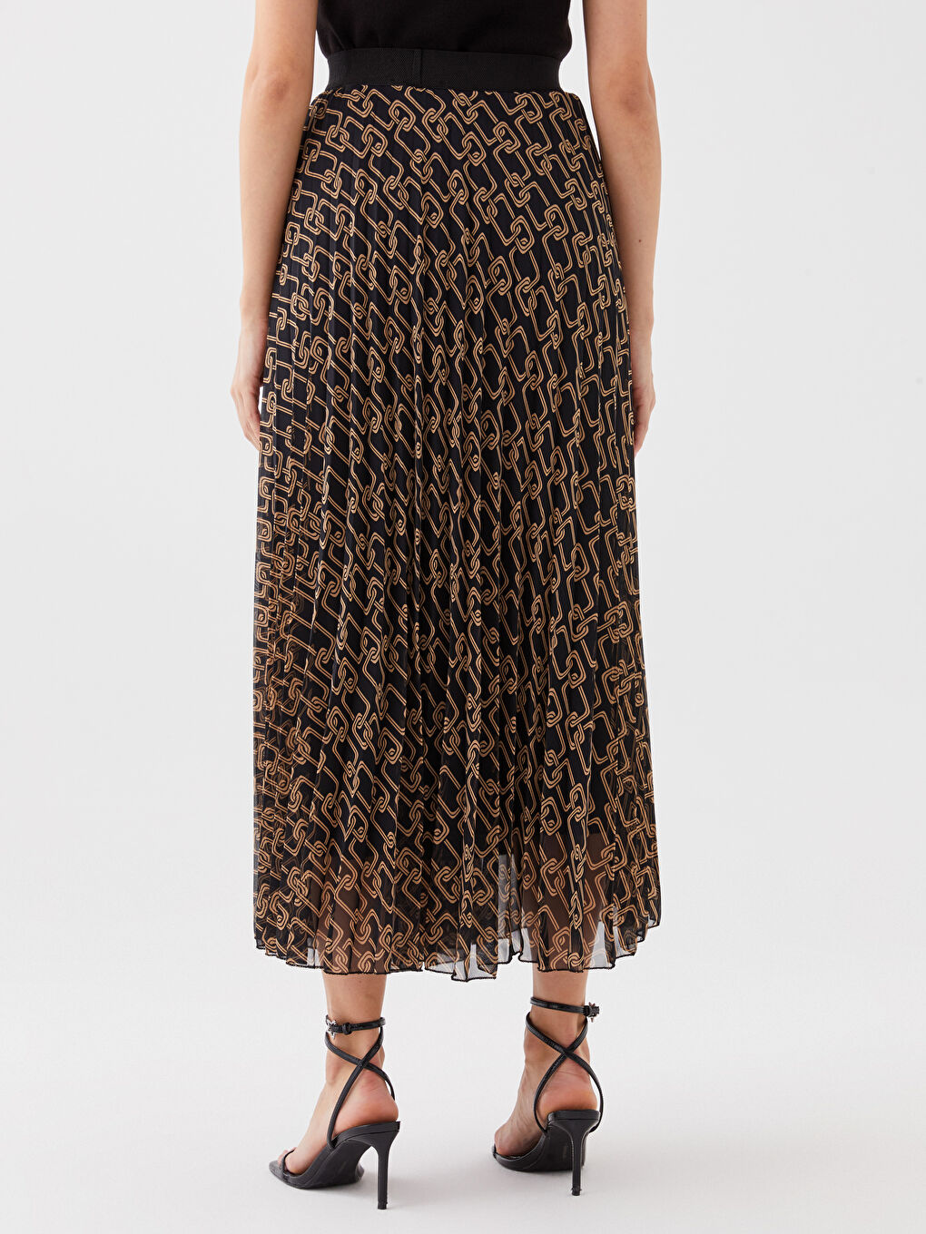 Kahverengi Beli Lastikli Desenli Şifon Kadın Pileli Etek-4