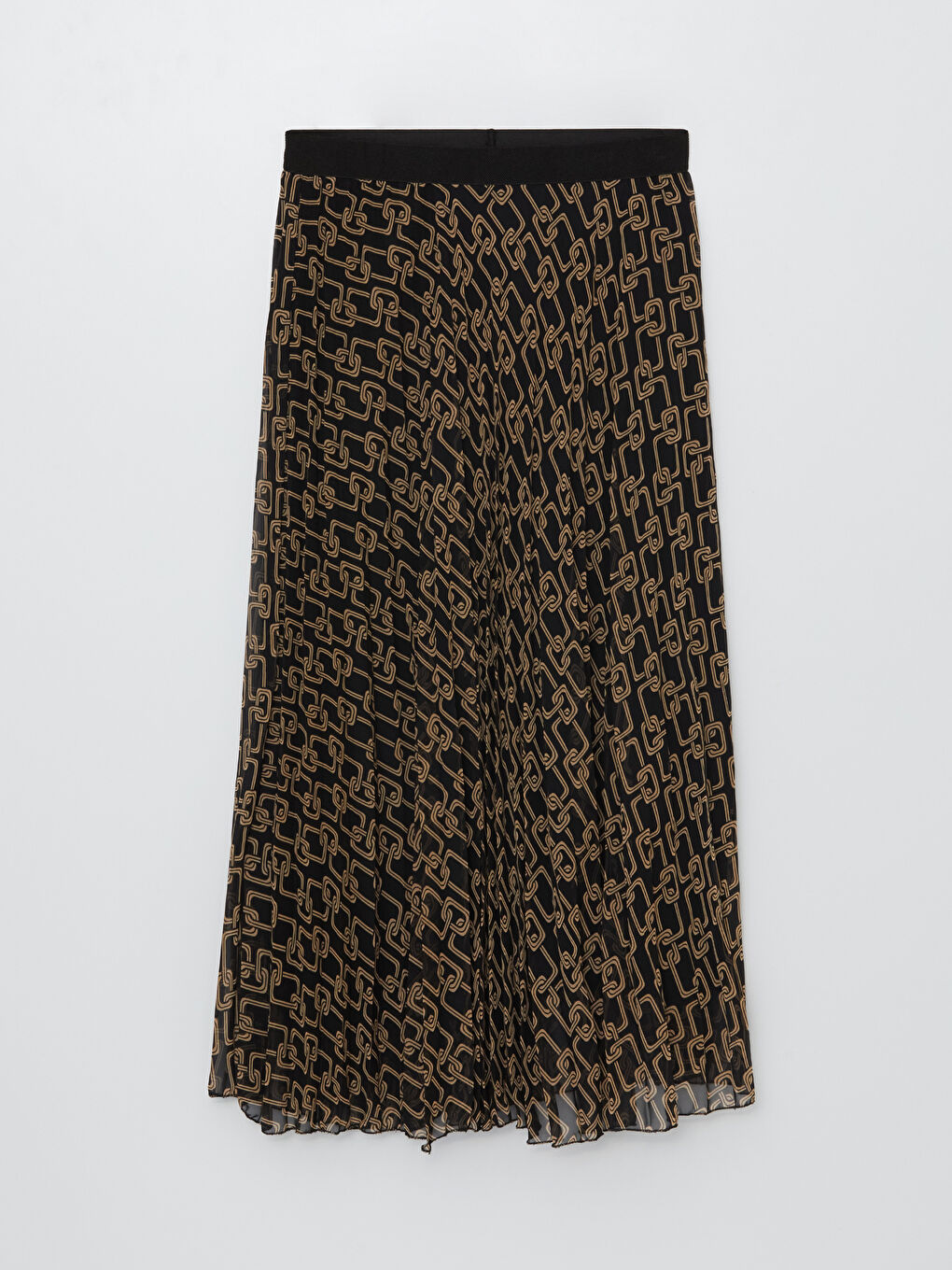 Kahverengi Beli Lastikli Desenli Şifon Kadın Pileli Etek-5