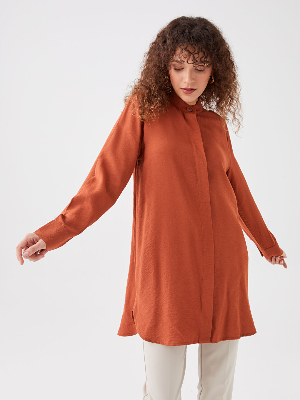 Grandad Collar Plain Long Sleeve Women's Tunic