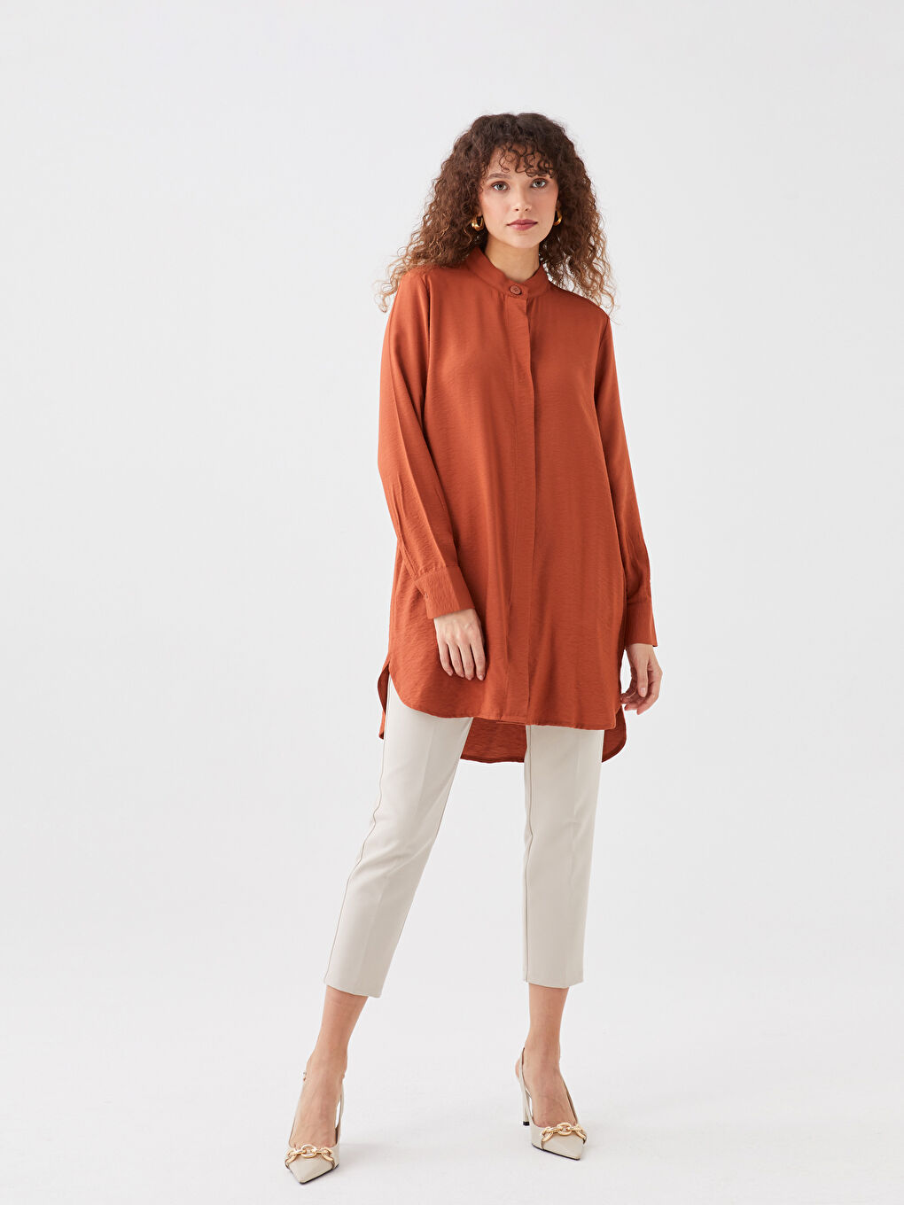 Grandad Collar Plain Long Sleeve Women's Tunic-1