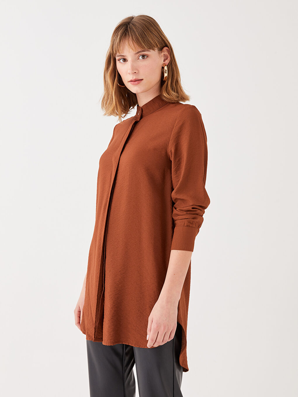 Funnel Neck Plain Long Sleeve Women's Tunic-1