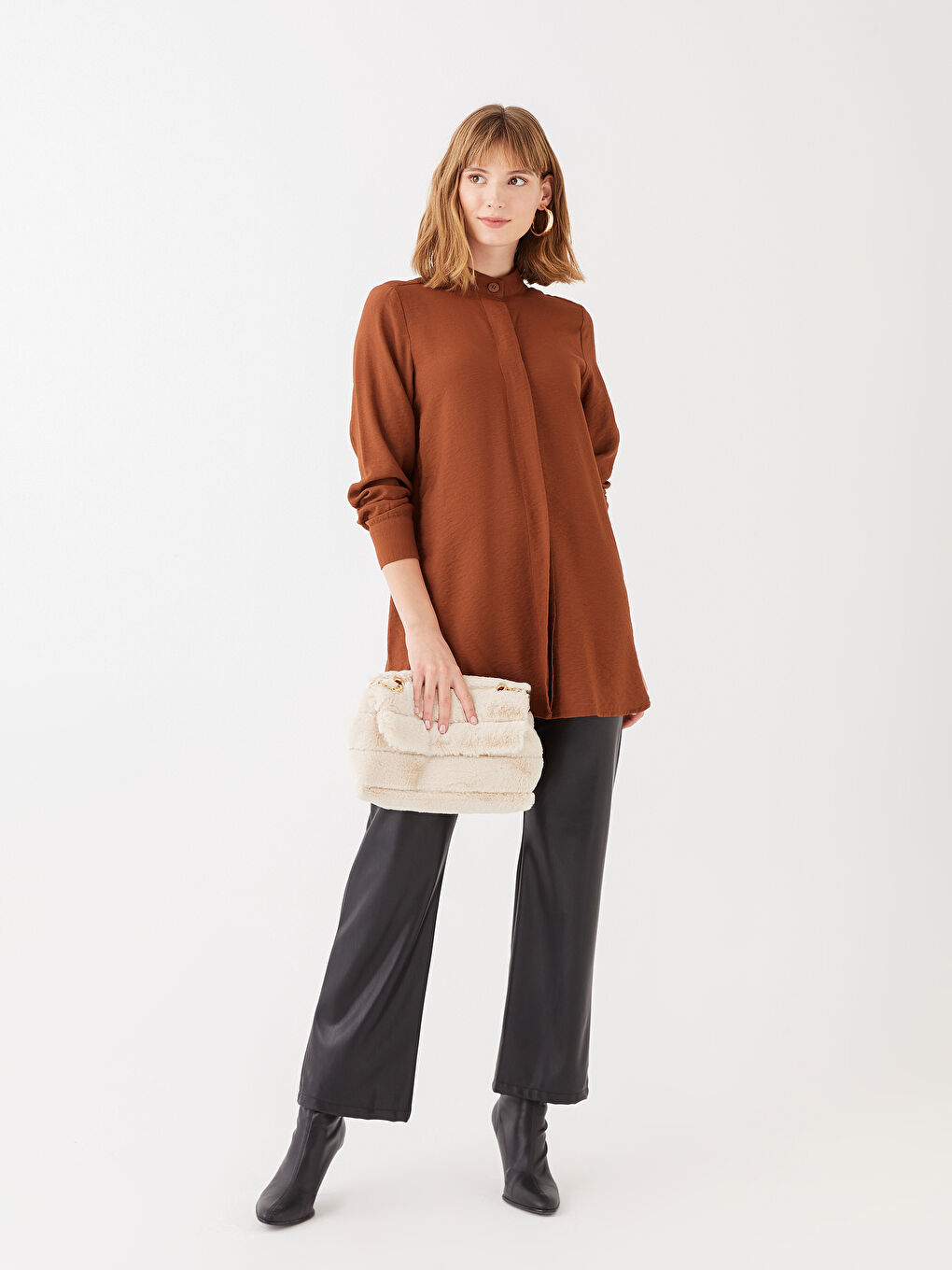 Funnel Neck Plain Long Sleeve Women's Tunic-2