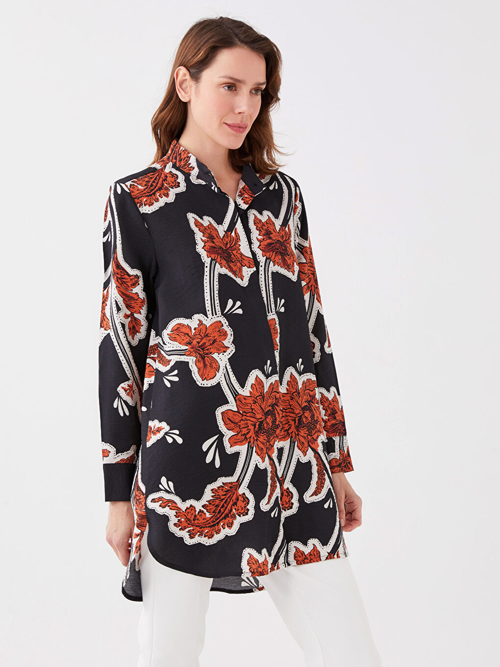 Grandad Collar Patterned Long Sleeve Women's Tunic