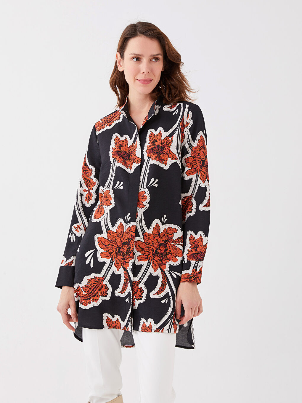 Grandad Collar Patterned Long Sleeve Women's Tunic-1