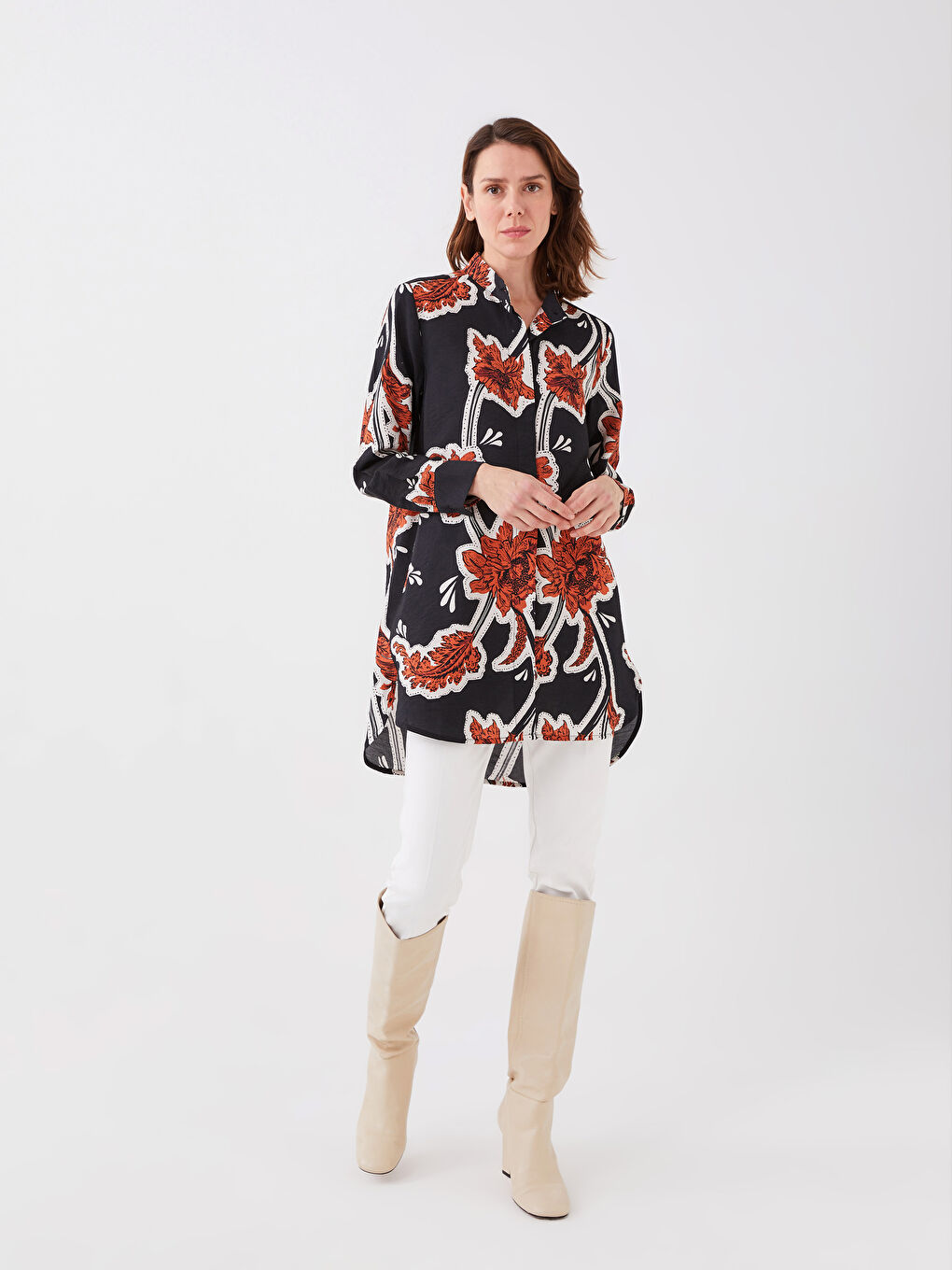 Grandad Collar Patterned Long Sleeve Women's Tunic-2