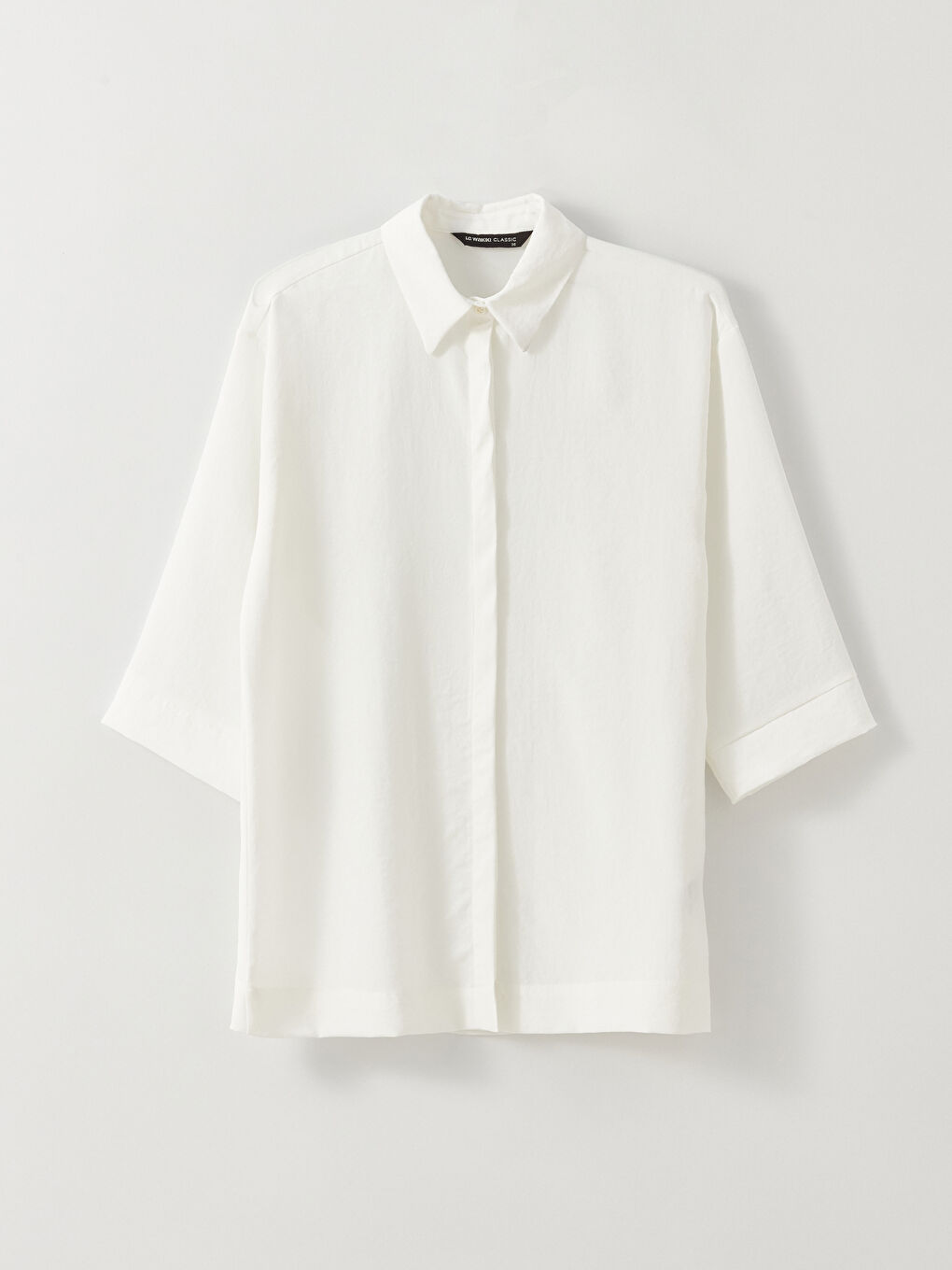 Bej Kadın Gizli Düğme Kapamalı Düz Gömlek-5