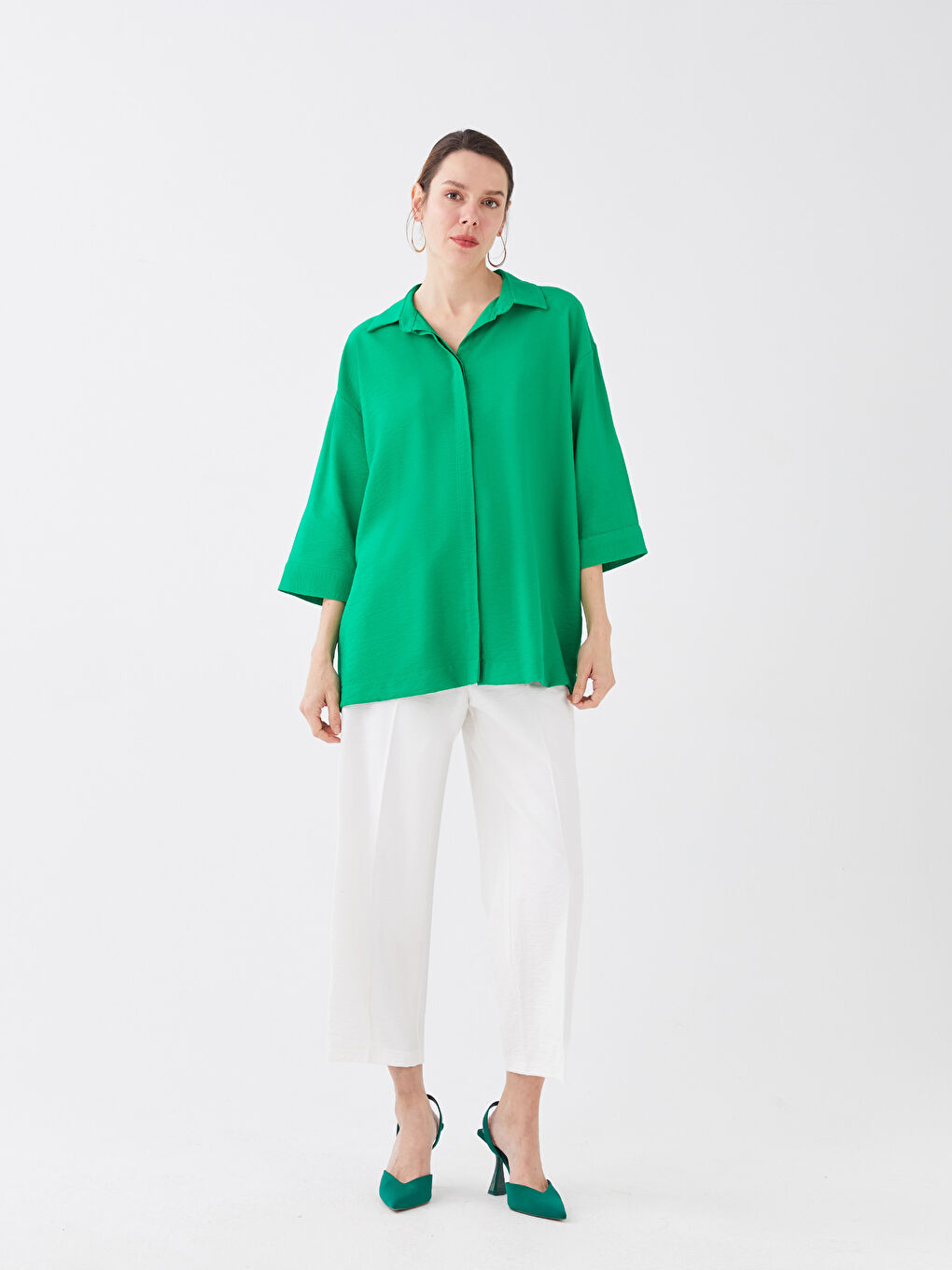 Yeşil Kadın Gizli Düğme Kapamalı Düz Gömlek-2